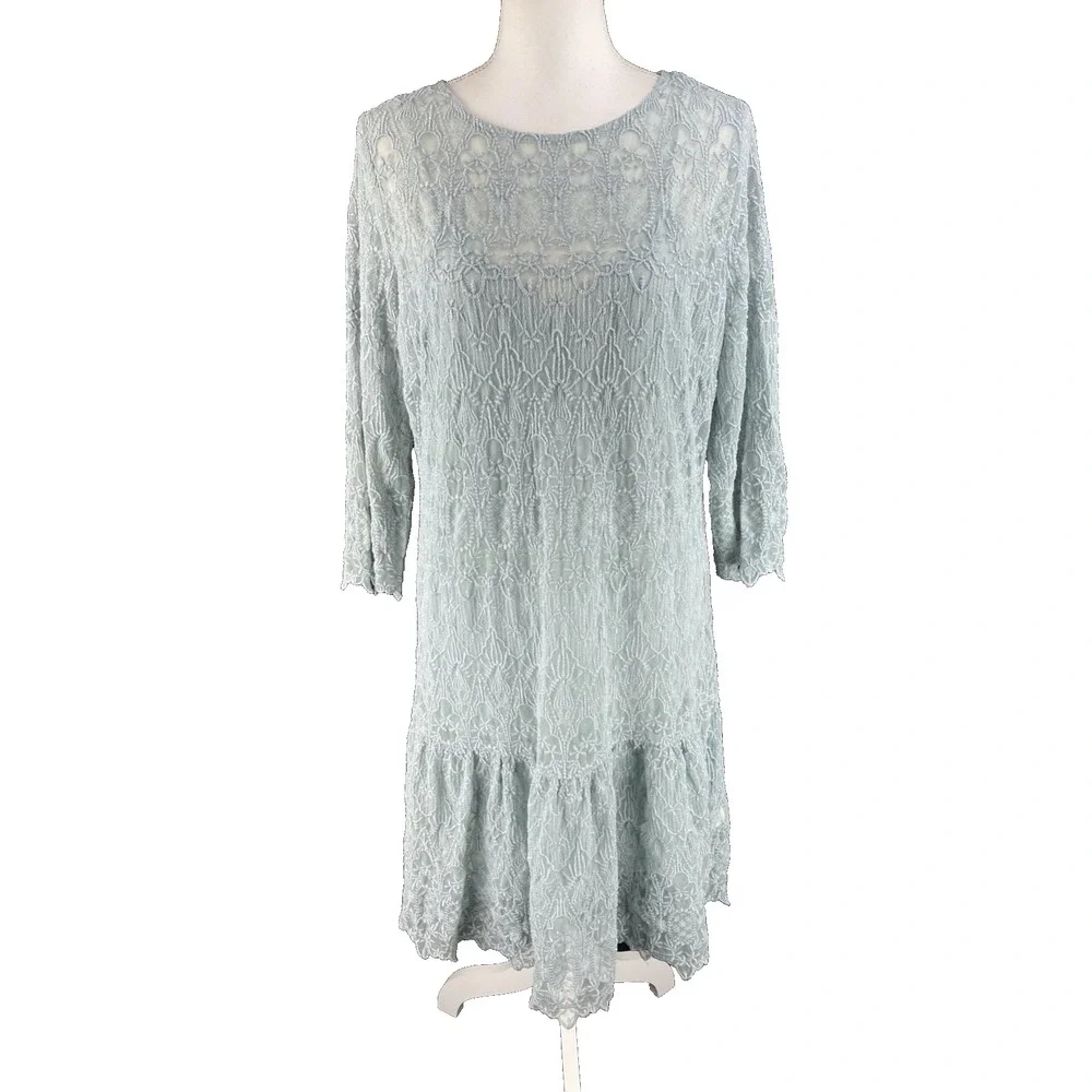 Sundance Windflower Whisper Overlay Embroidered Lace Silver Sage Dress‎ M